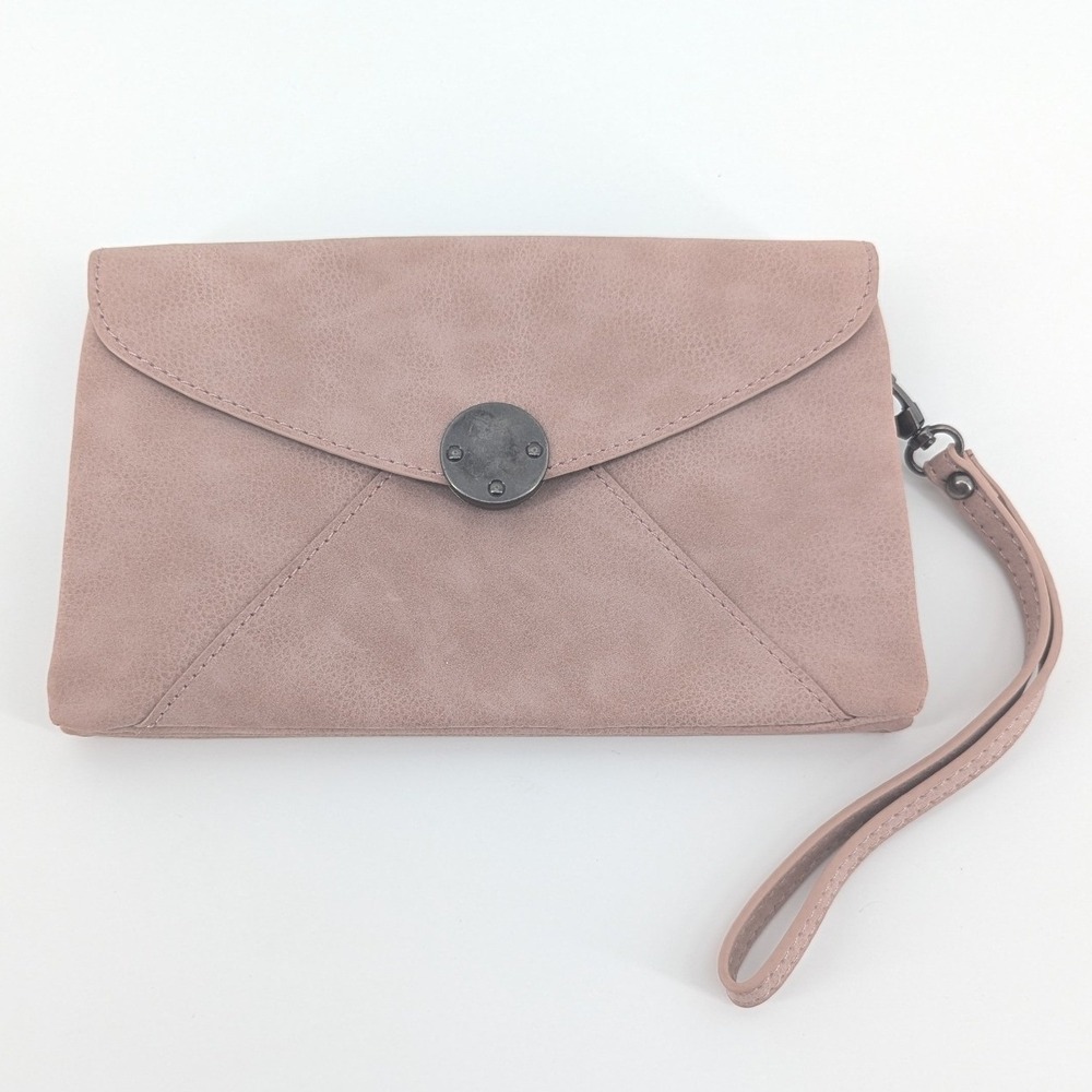 Joy Susan Mauve Pink Vegan Leather Envelope Wristlet Clutch Bag Polka Dot Lining